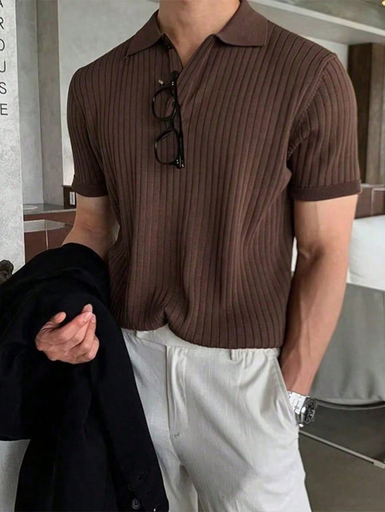 Manfinity Hypemode Men'S Solid Color Rib-Knit Polo Shirt